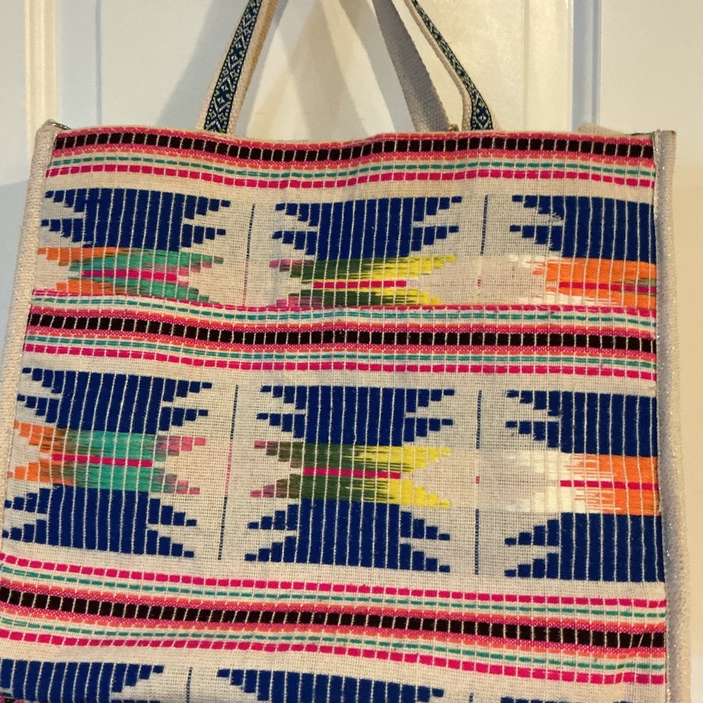 America & Beyond Chevron Boho Multicolor Pom-Pom Embroidered Crossbody Tote Bag - Picture 4 of 8